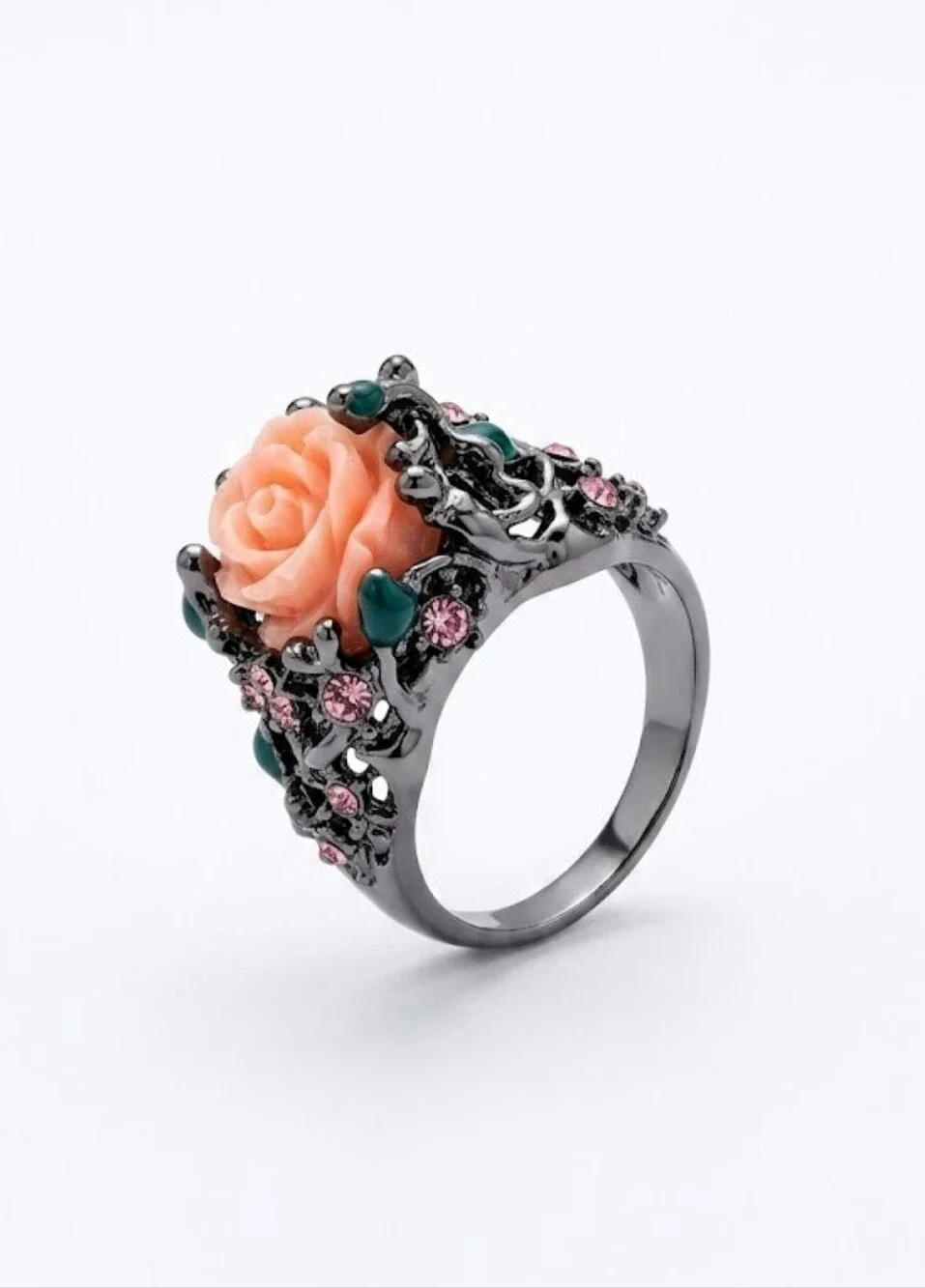 Vintage Gothic Peach Carved Rose Statement Ring Black Gunmetal Rhinestone
